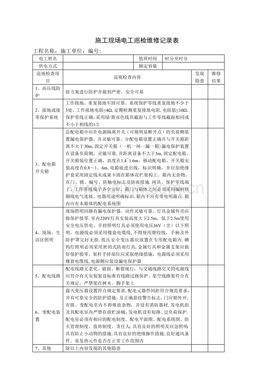 施工现场电工巡检维修记录表.doc_第1页