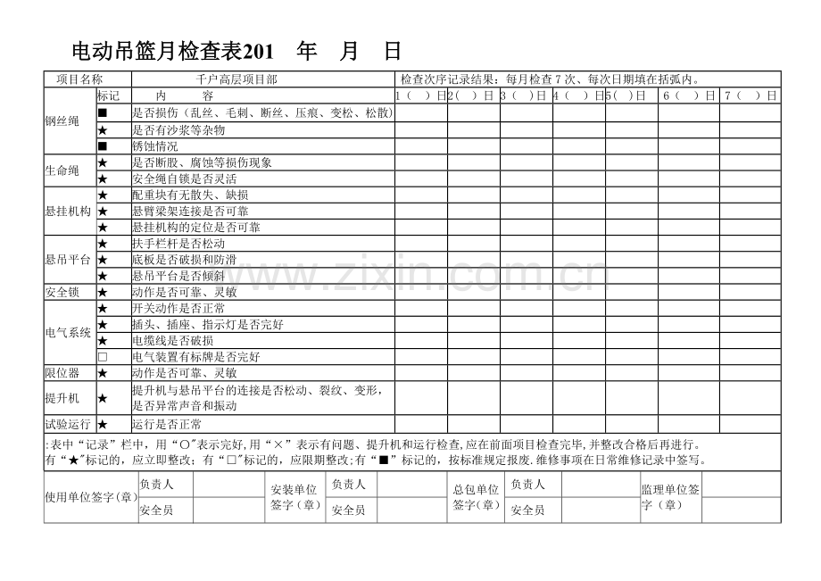 电动吊篮月检查表.doc_第1页