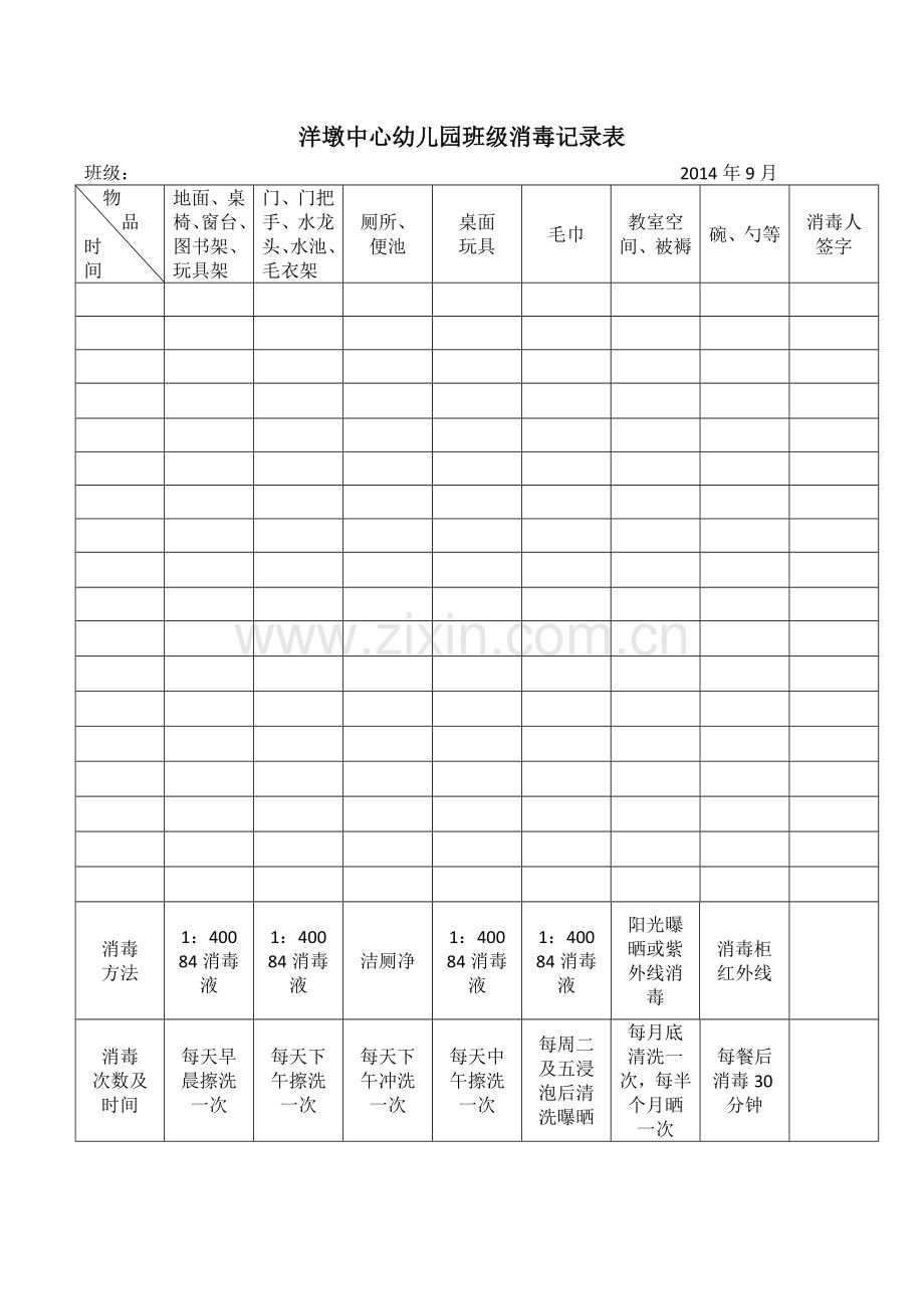 洋墩中心幼儿园班级消毒记录表.doc_第1页