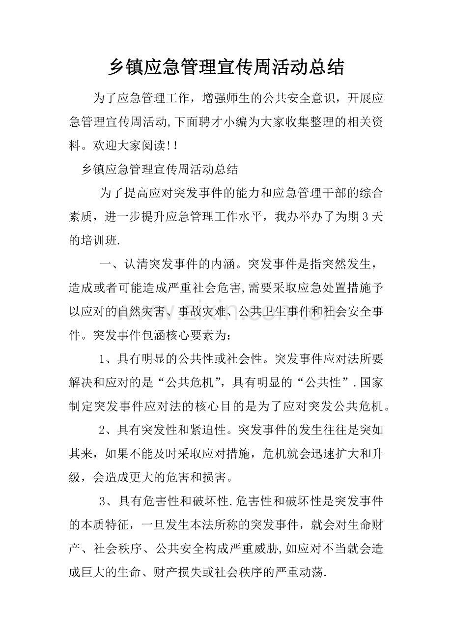 乡镇应急管理宣传周活动总结.docx_第1页