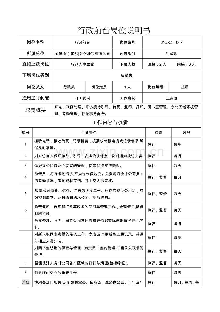 行政前台岗位说明书-(3).doc_第1页