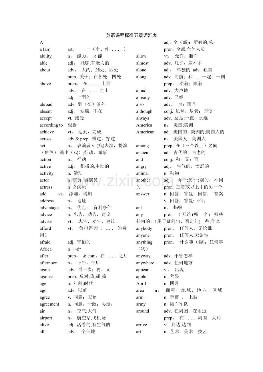 英语课程标准五级词汇表.doc_第1页