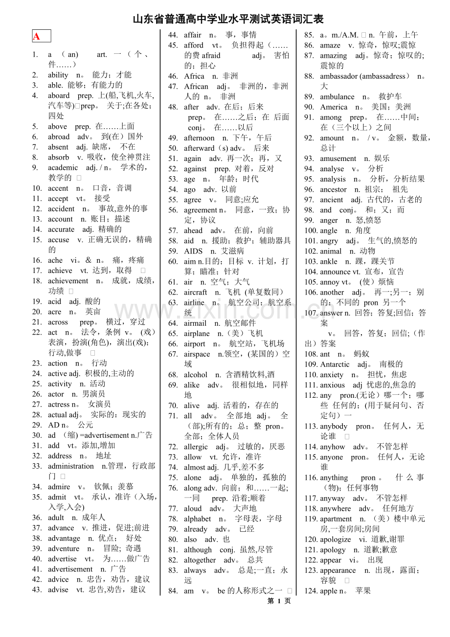 英语学业水平测试(会考)英语词汇表.doc_第1页