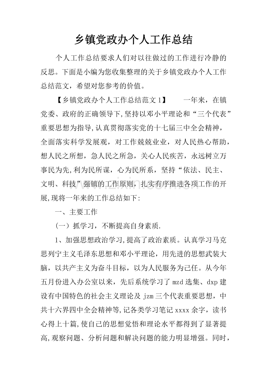 乡镇党政办个人工作总结.docx_第1页