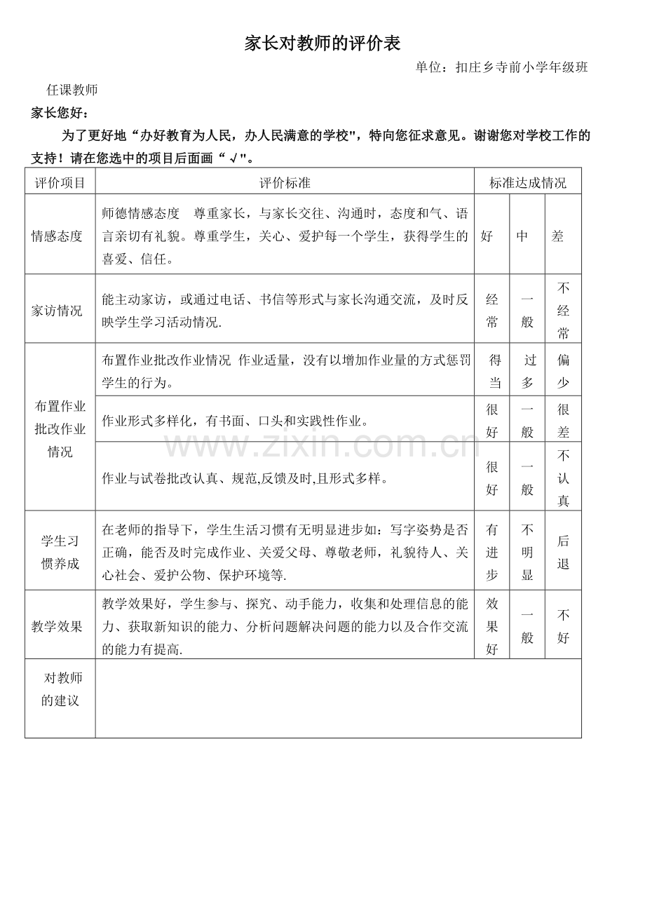 家长对教师的评价表.doc_第1页