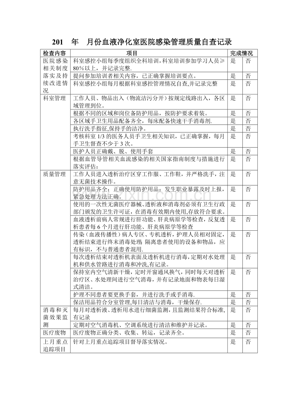 血透室感染管理质量自查表.doc_第1页