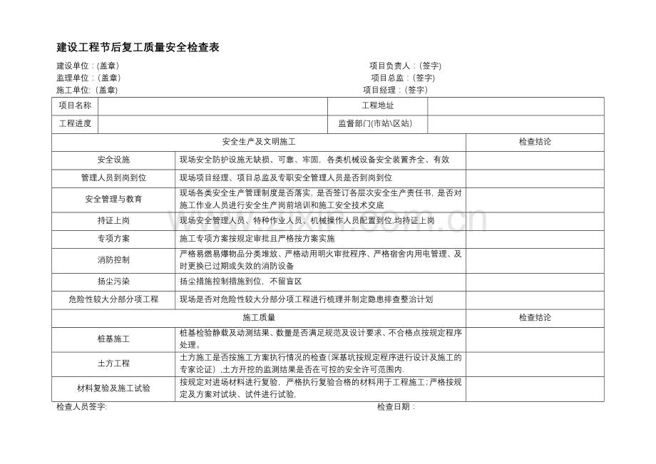 建设工程节后复工质量安全检查表.doc_第1页