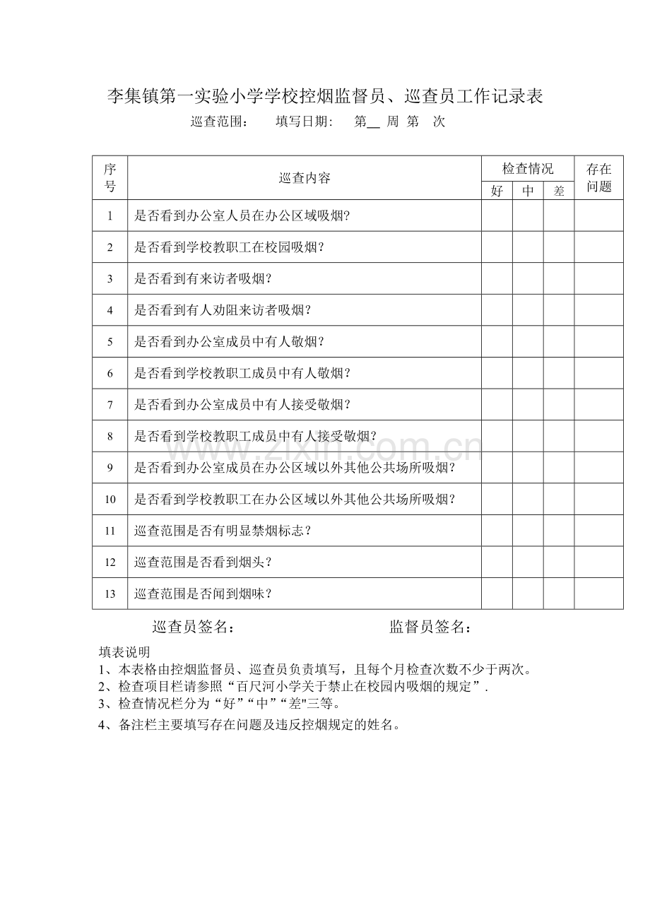 学校控烟监督员、巡查员工作记录表.doc_第1页