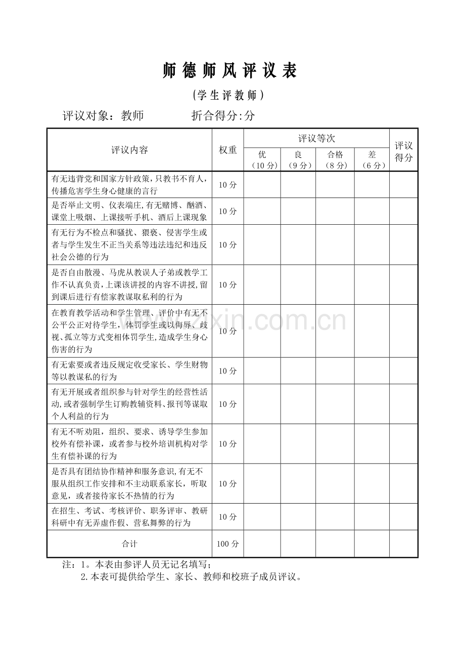 师德师风评议表(学生评教师).doc_第1页