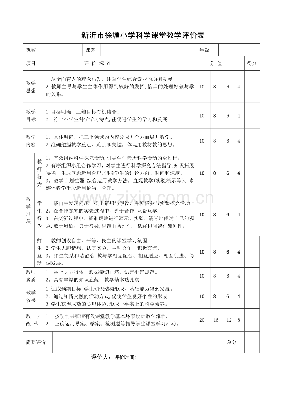 小学科学课堂教学评价表.doc_第1页