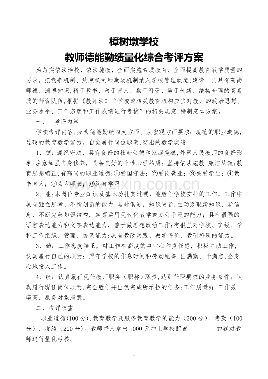 教师德能勤绩量化综合考评方案.doc_第1页