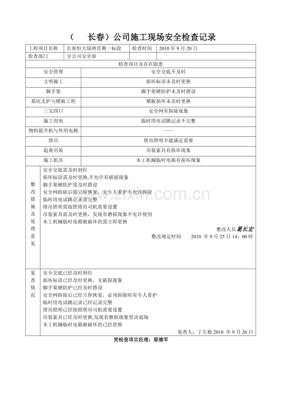 月施工现场安全检查记录.doc_第1页