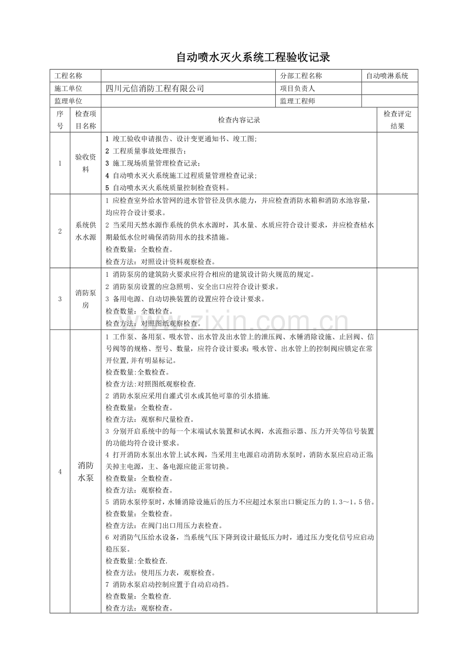 自动喷水灭火系统工程验收记录.doc_第1页