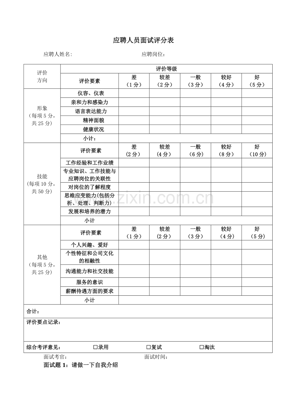 房地产置业顾问面试问题、答案及评分表.doc_第1页