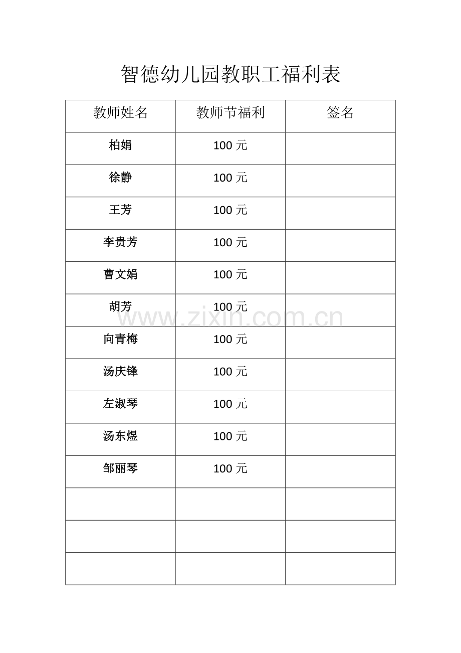 智德幼儿园教职工福利表.doc_第1页