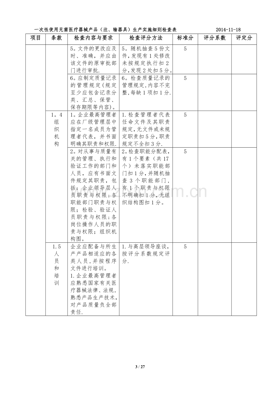 一次性使用无菌医疗器械产品(注、输器具)生产实施细则检查表.doc_第3页