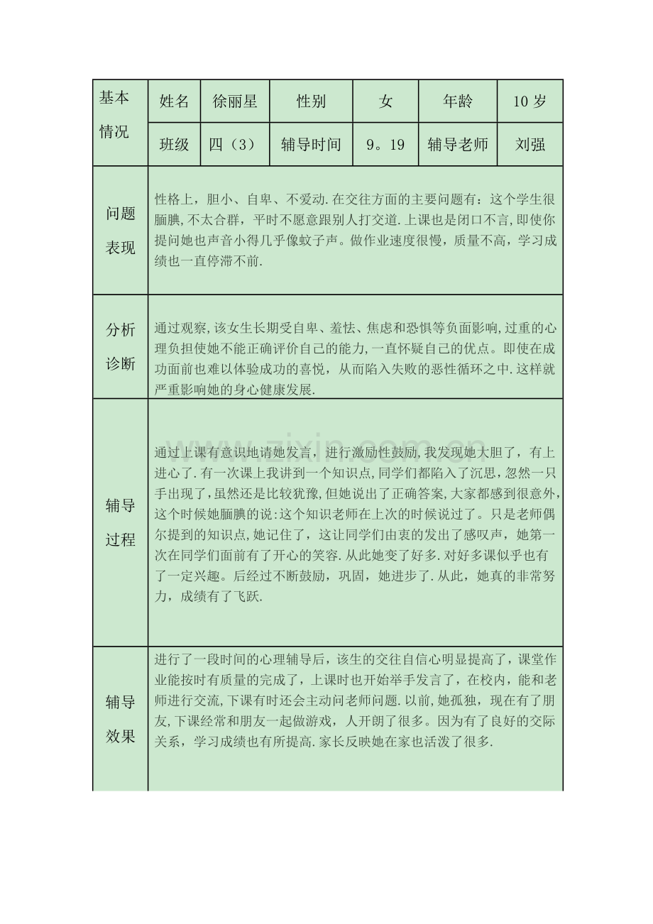 小学生心理健康咨询个案辅导记录表94369.doc_第1页