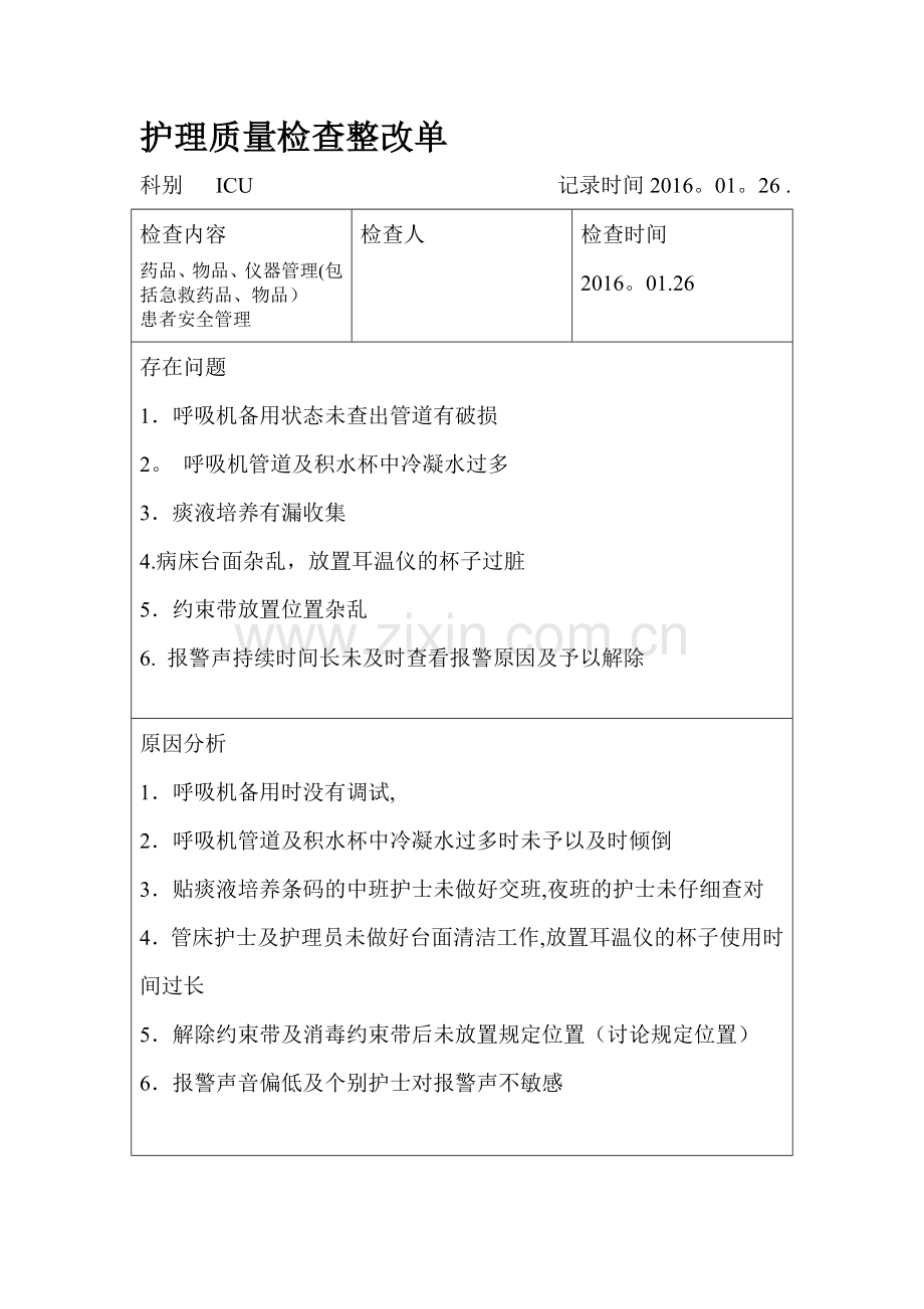 护理质量检查整改单.doc_第1页