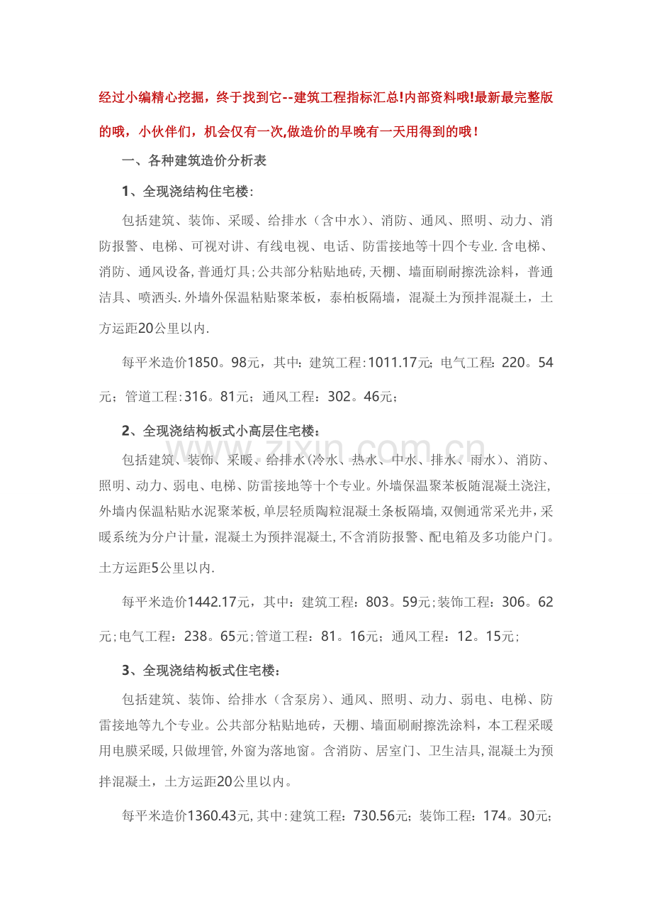 建筑工程造价指标汇总(完整一).doc_第1页