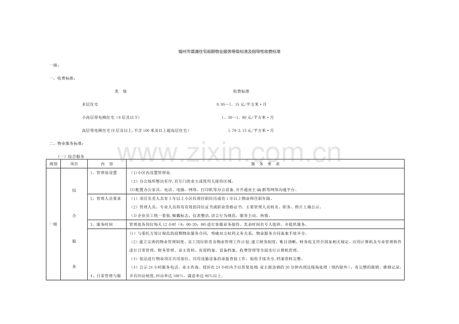 福州市普通住宅前期物业服务等级标准及指导性收费标准.docx_第1页