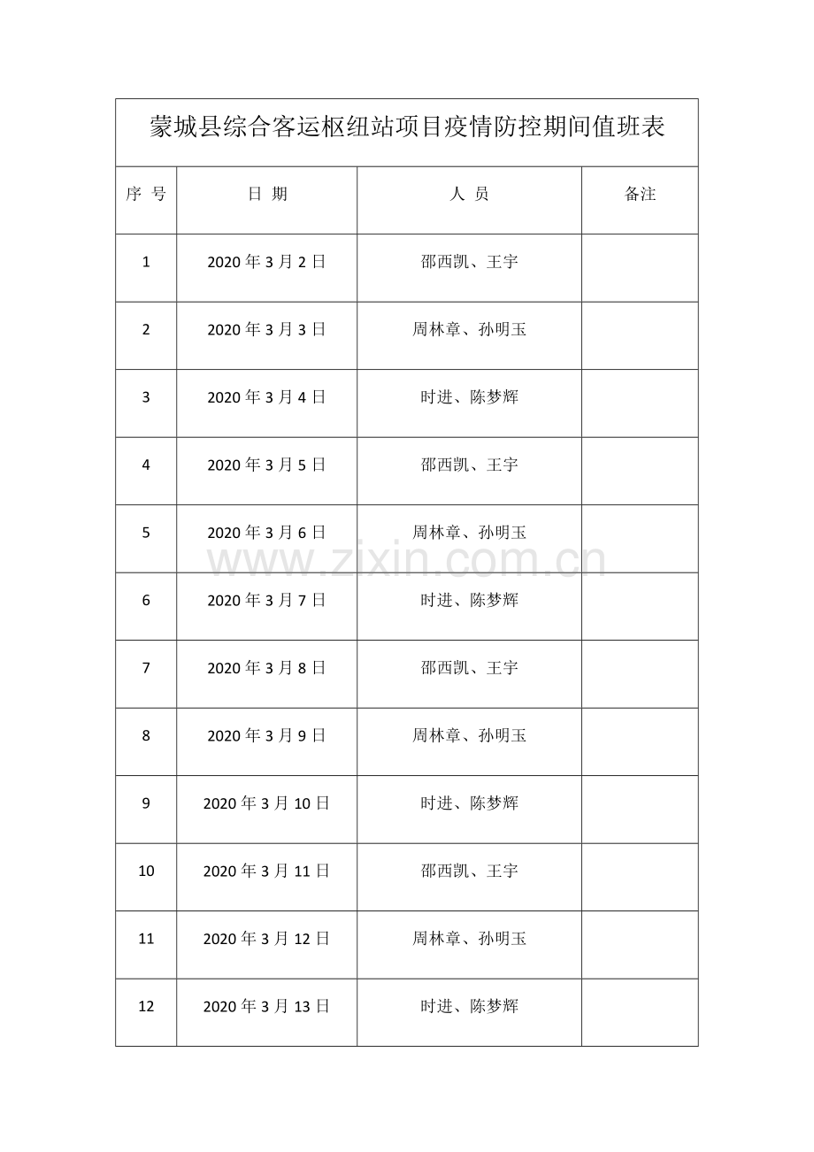 疫情防控期间值班表、人员登记表.docx_第1页