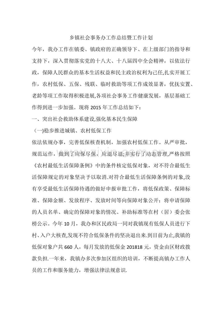 乡镇社会事务办工作总结暨工作计划.docx_第1页