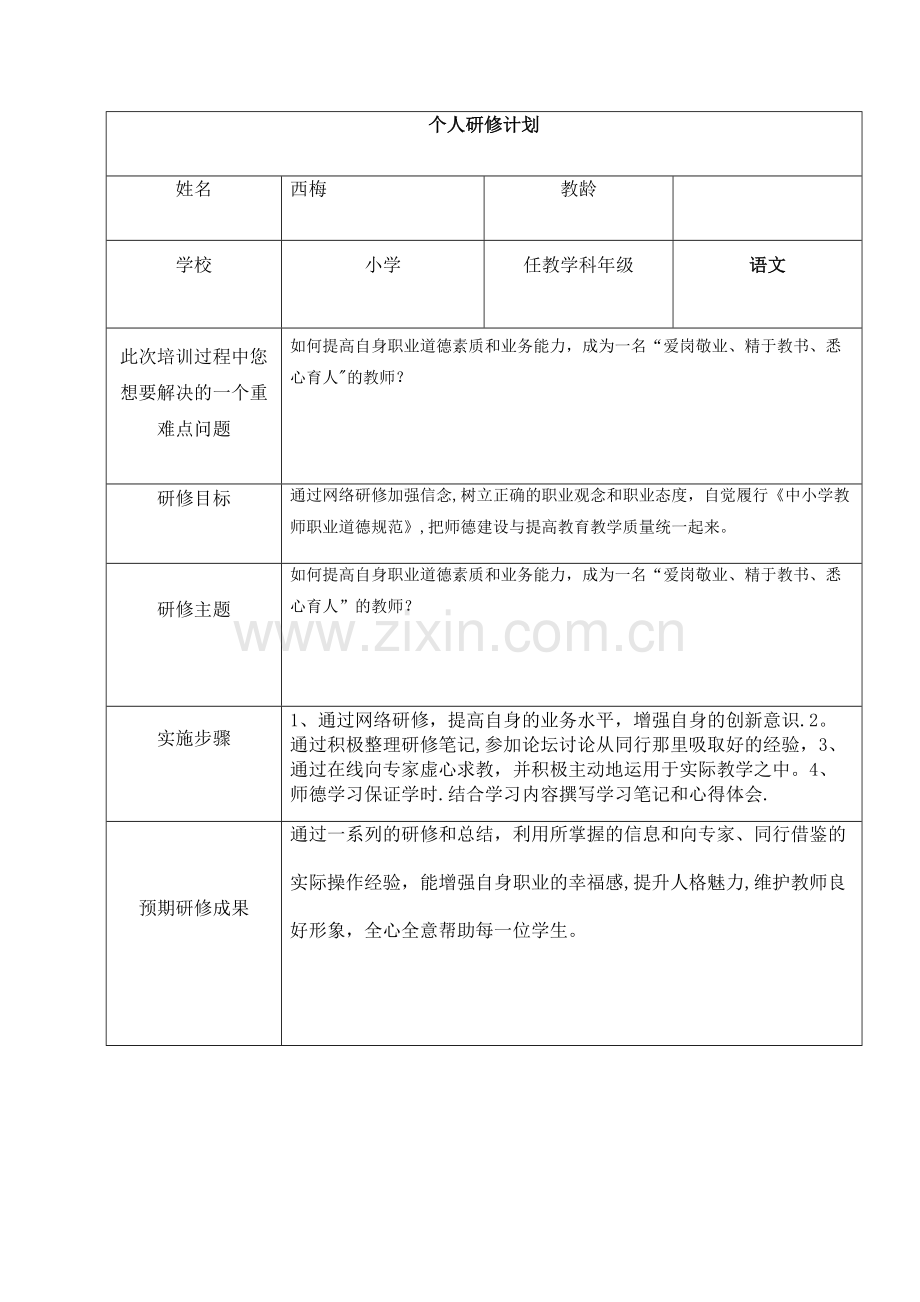 教师网络研修个人研修计划.doc_第1页