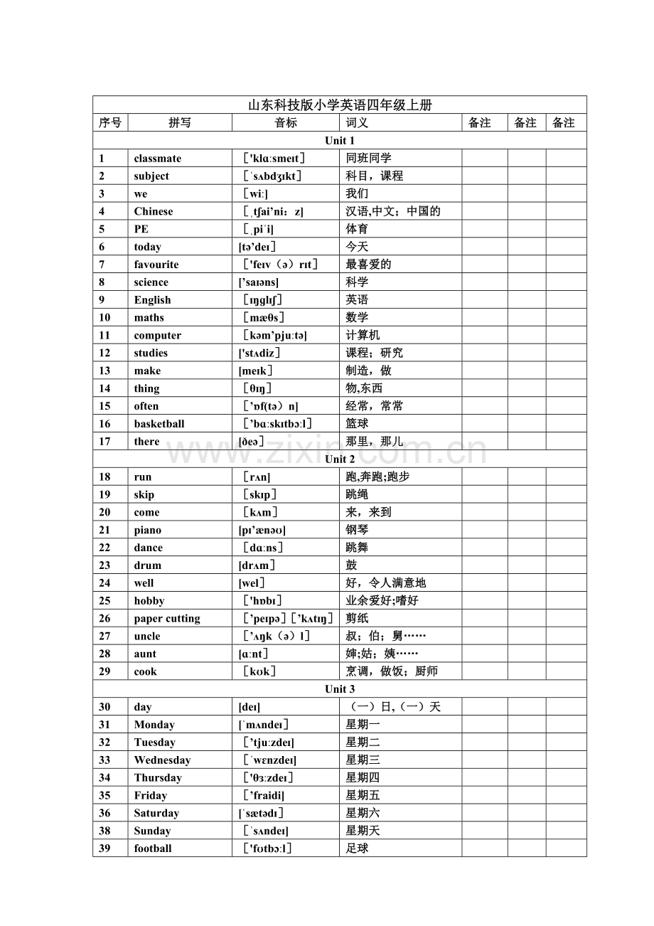 山东科技版小学英语四年级上册词汇表带音标.doc_第1页