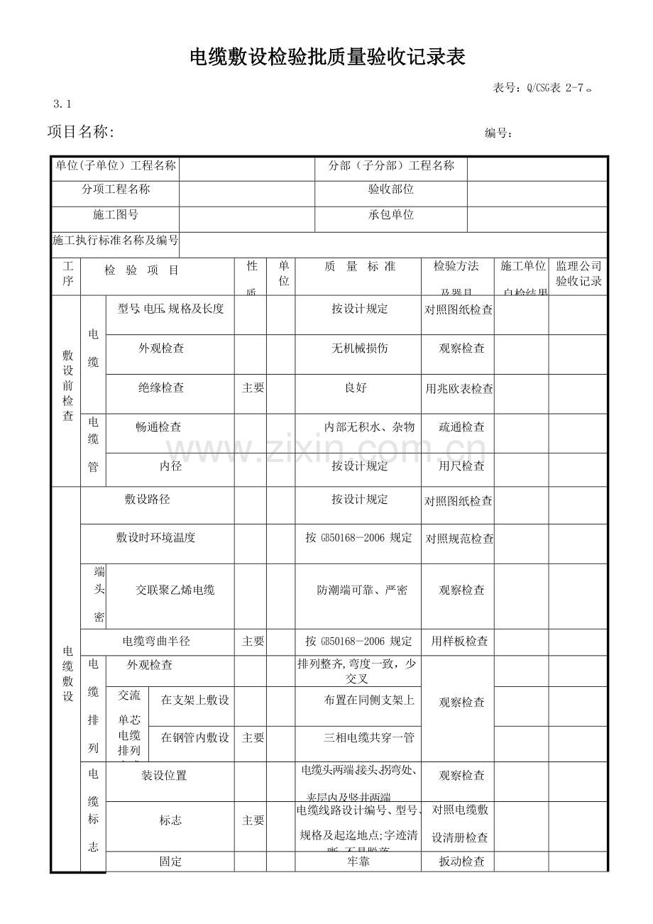 电缆敷设检验批质量验收记录表.doc_第1页