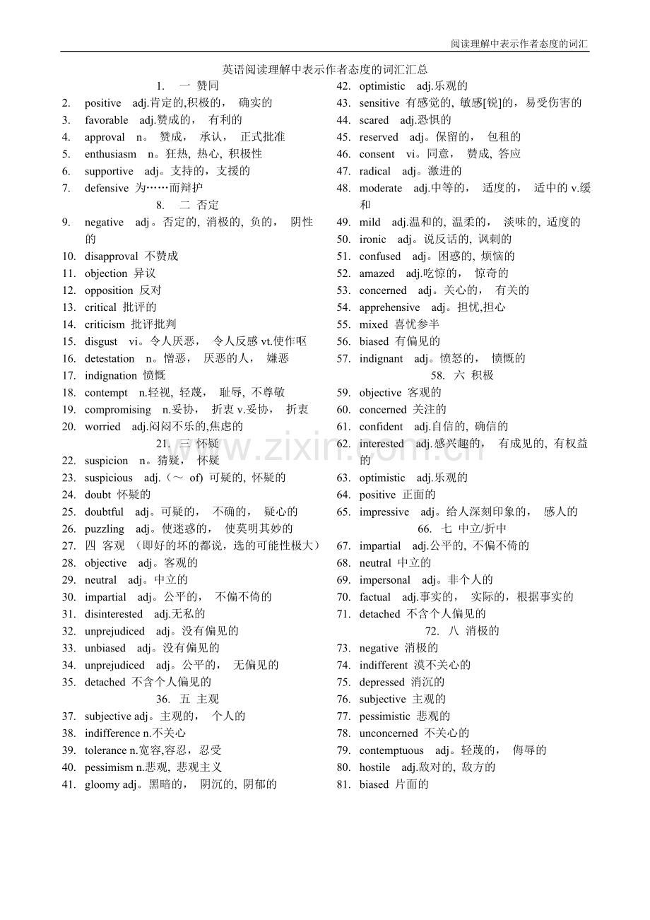 英语阅读理解中表示作者态度的词汇汇总.doc_第1页