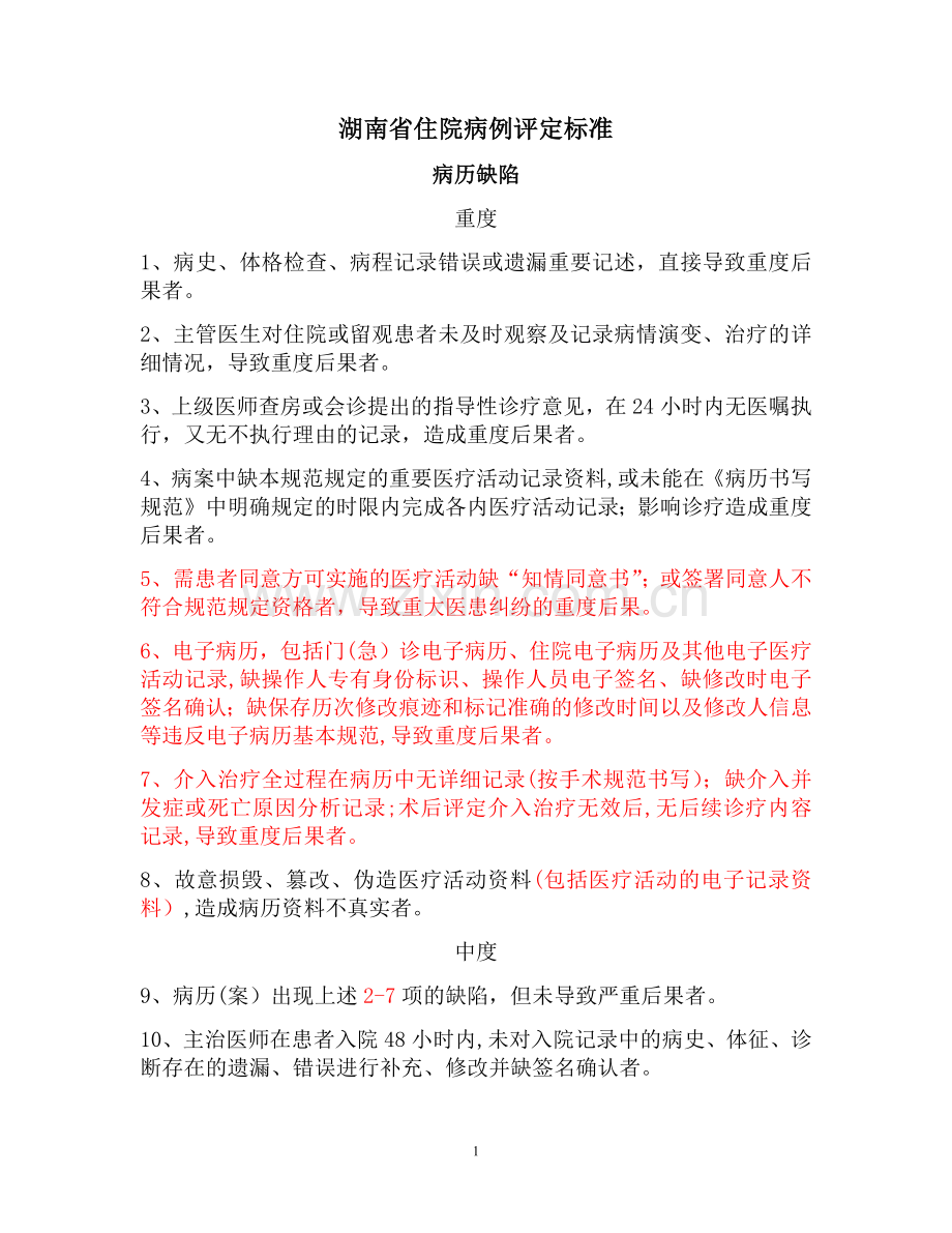 湖南省病案医疗质量判定标准及增补标准.doc_第1页