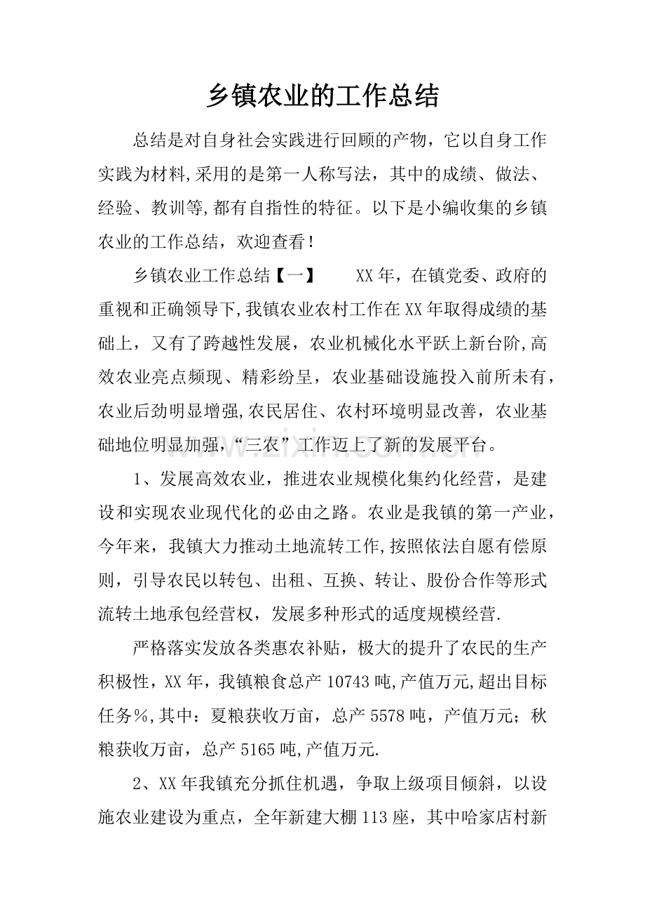 乡镇农业的工作总结.docx_第1页