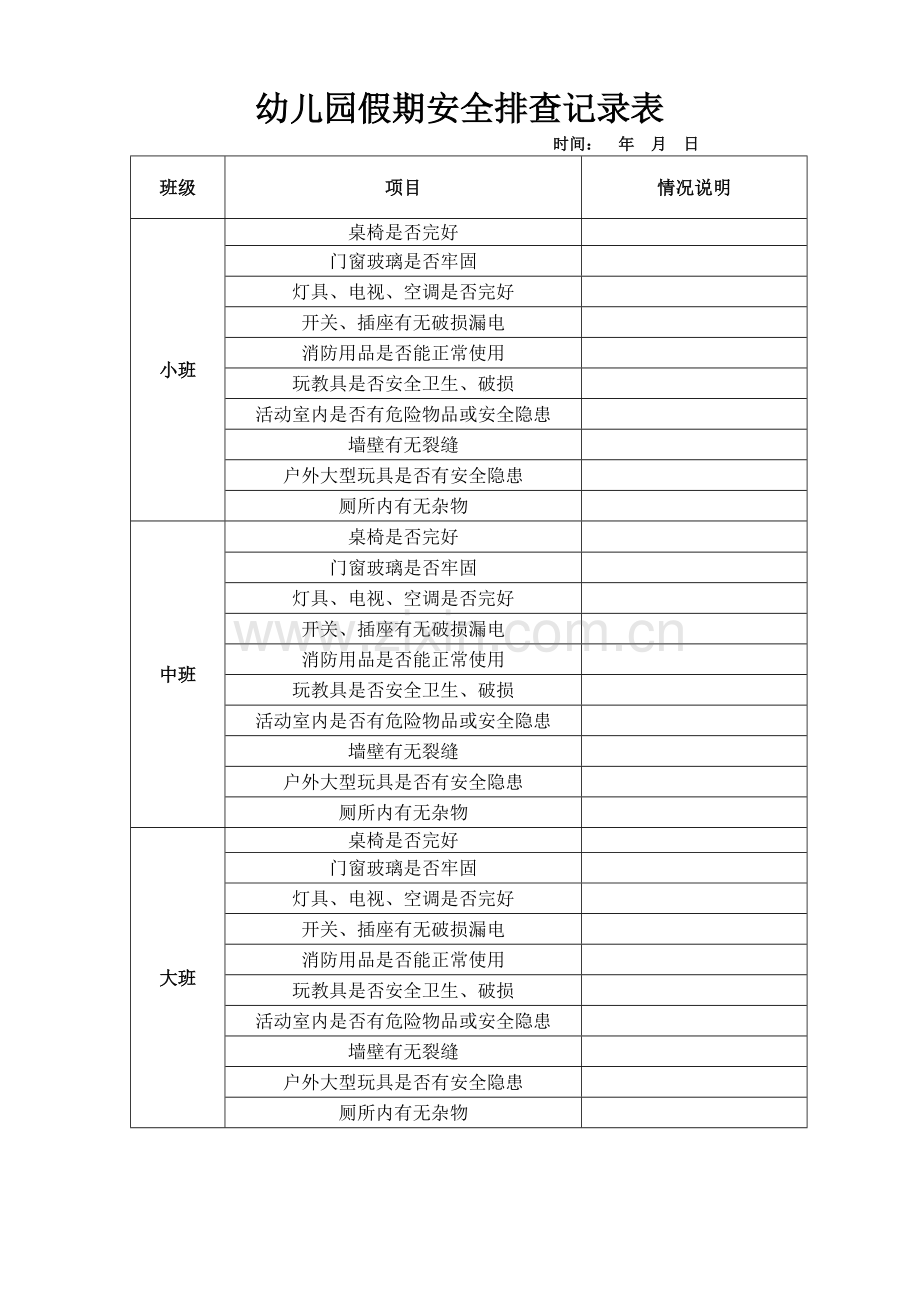 幼儿园假期安全排查记录表.doc_第1页