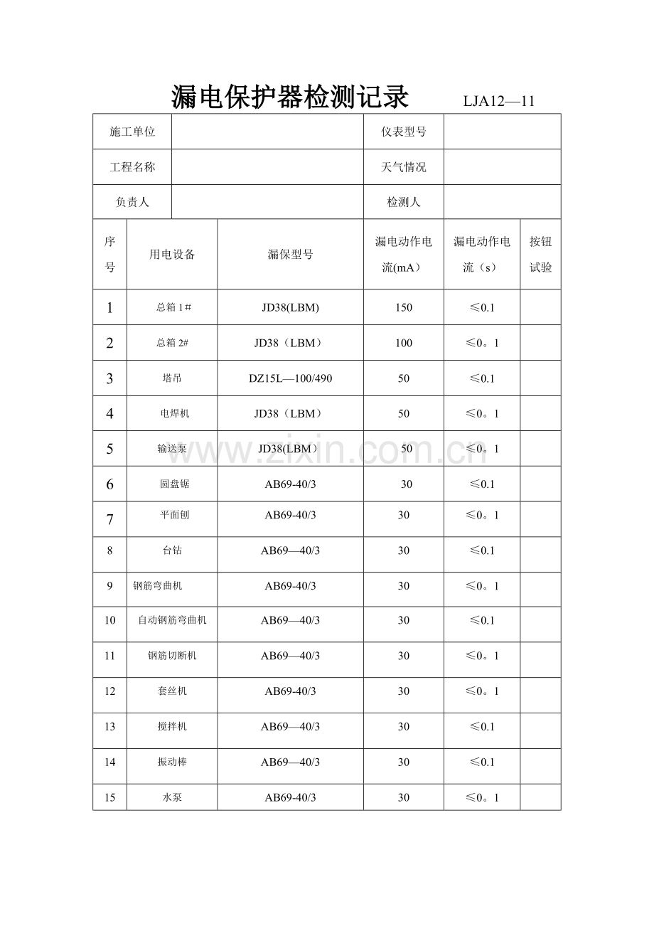 漏电保护器检测记录表.doc_第1页