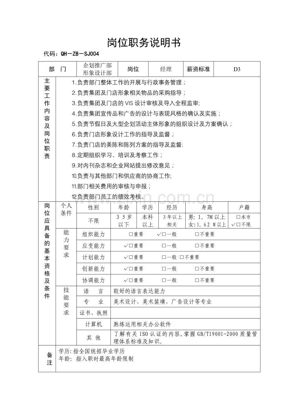 岗位说明书(集团形象设计部经理)004.doc_第1页