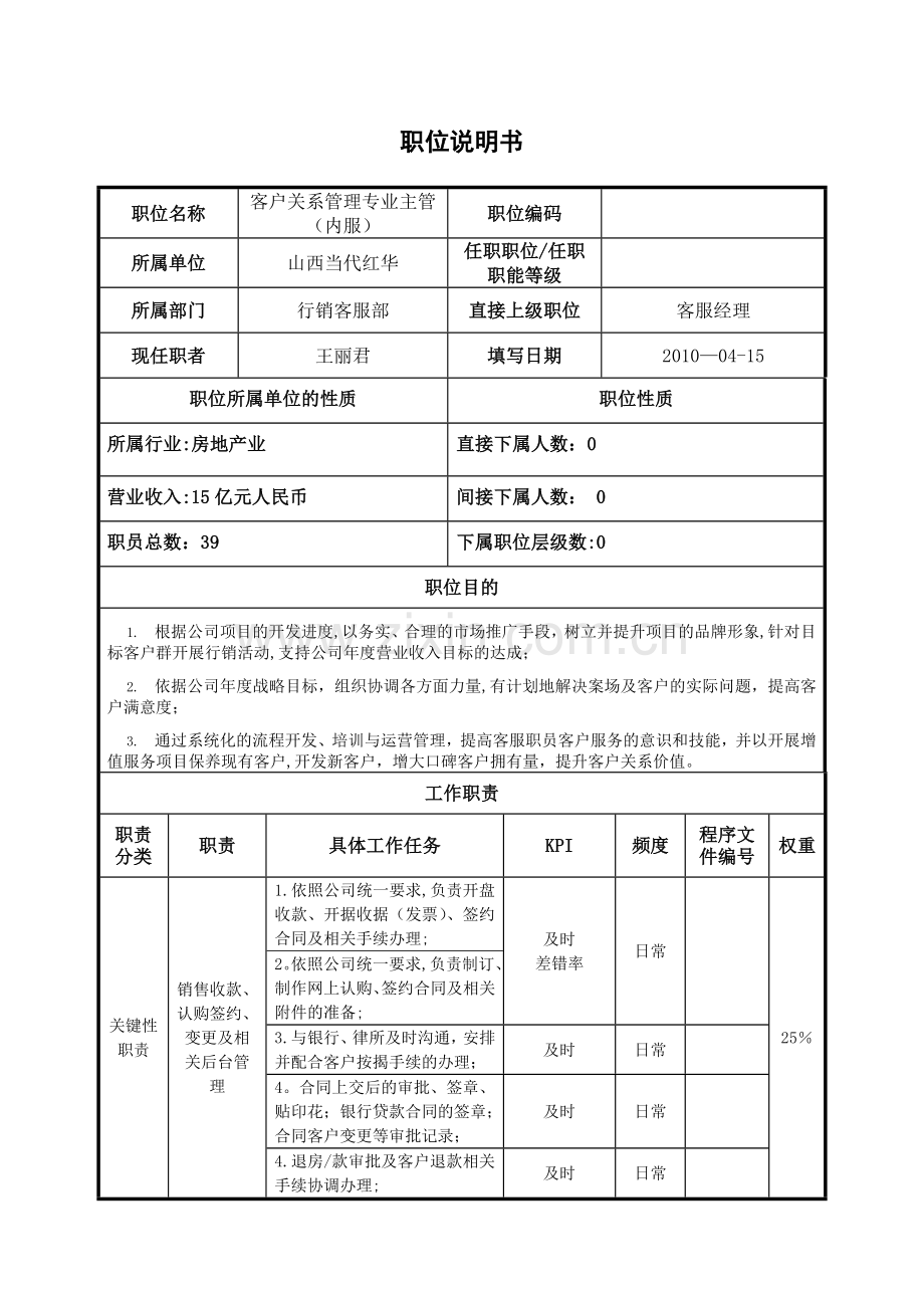 职位说明书-当代红华-客户服务主管(内服).doc_第1页