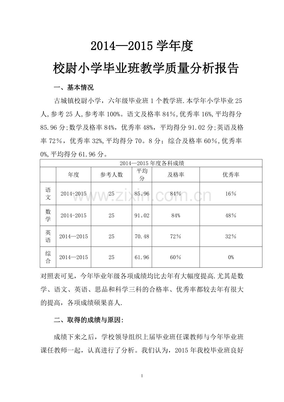 小学六年级毕业检测质量分析.doc_第1页