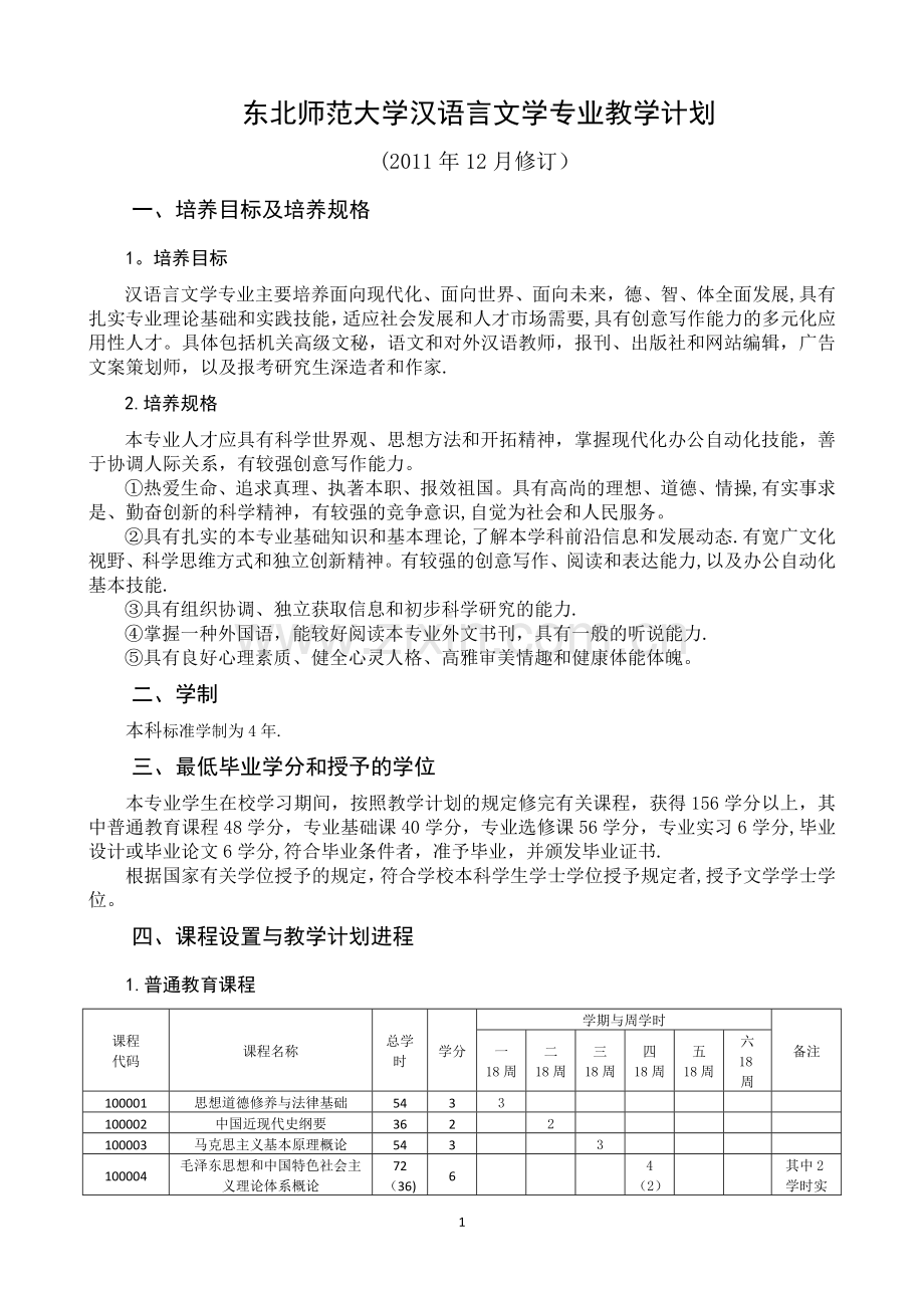 东北师范大学汉语言文学专业教学计划.doc_第1页