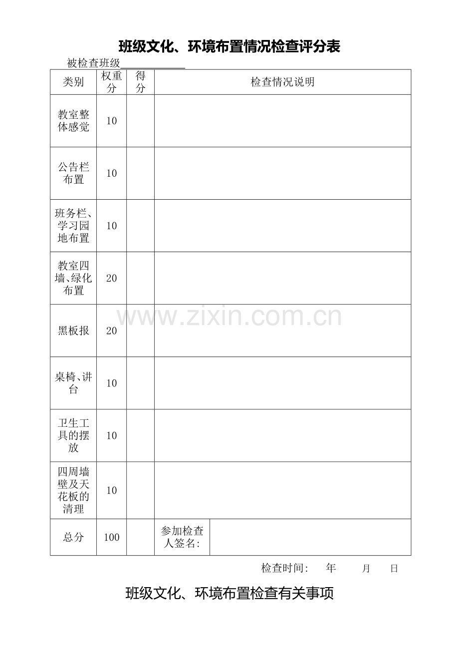 班级文化、布置情况检查评分标准和检查表.doc_第1页