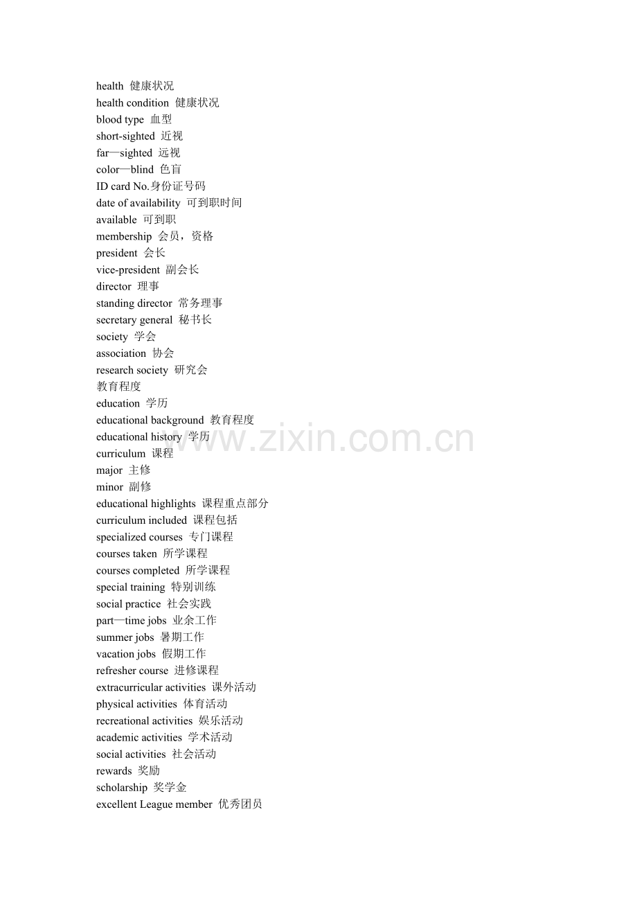 个人简历词汇英语.doc_第2页