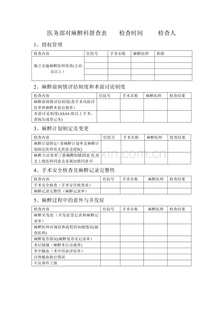 等级医院评审麻醉科督查表.doc_第1页