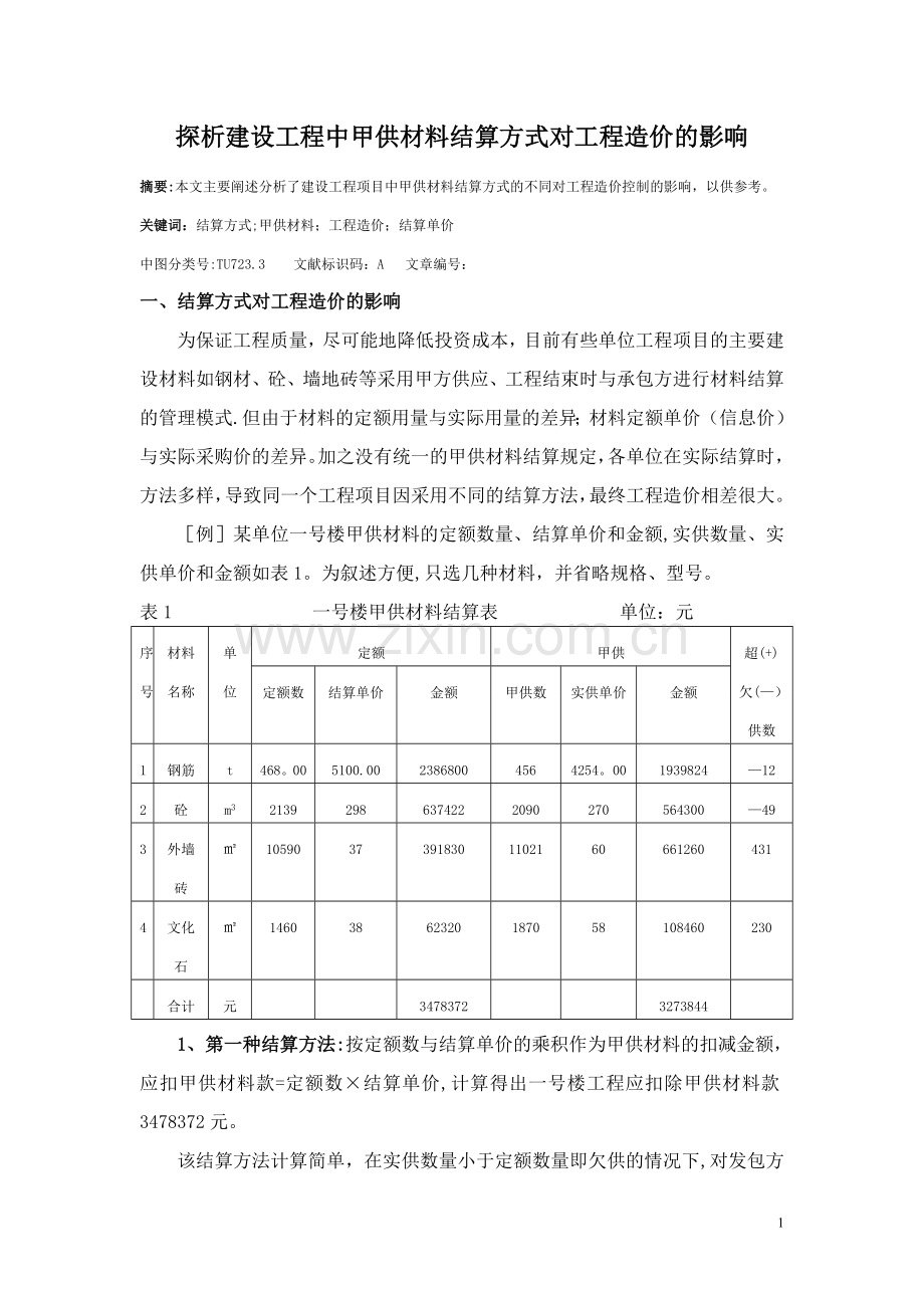 探析建设工程中甲供材料结算方式对工程造价的影响.doc_第1页