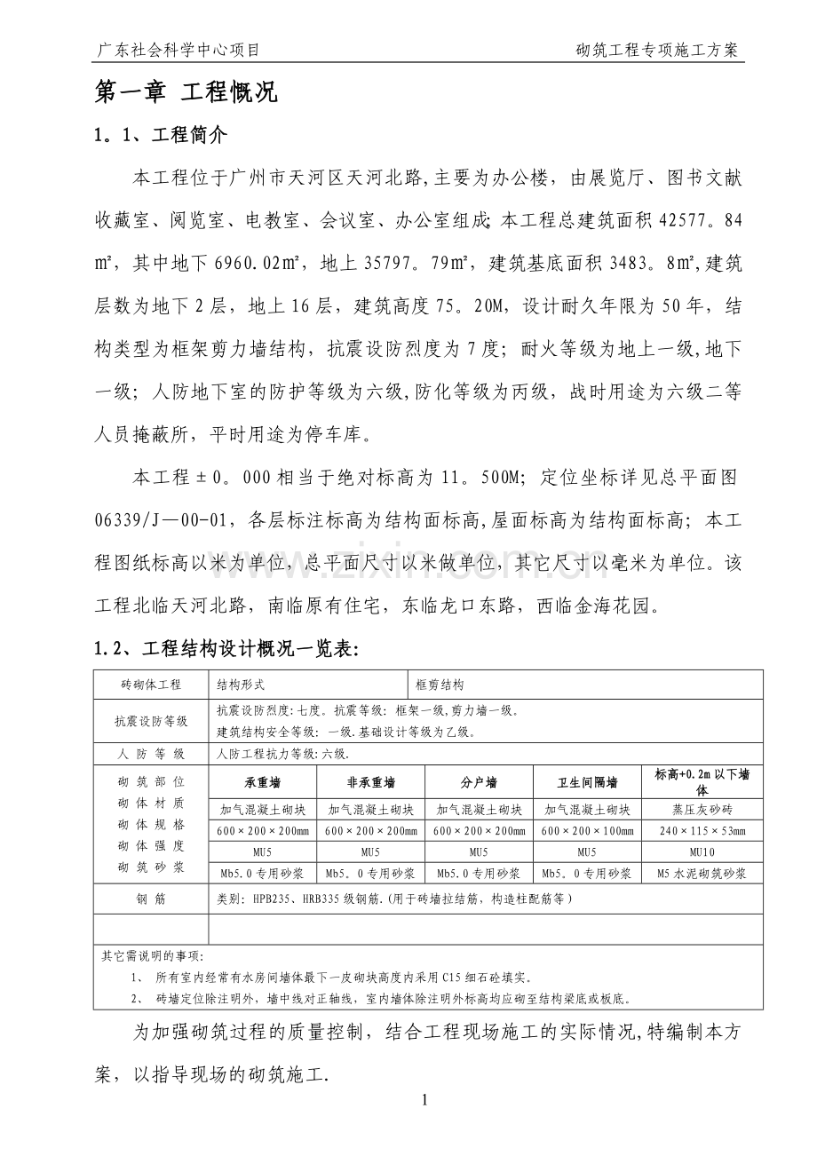 砌体(加气混凝土砌块)工程施工方案.doc_第1页