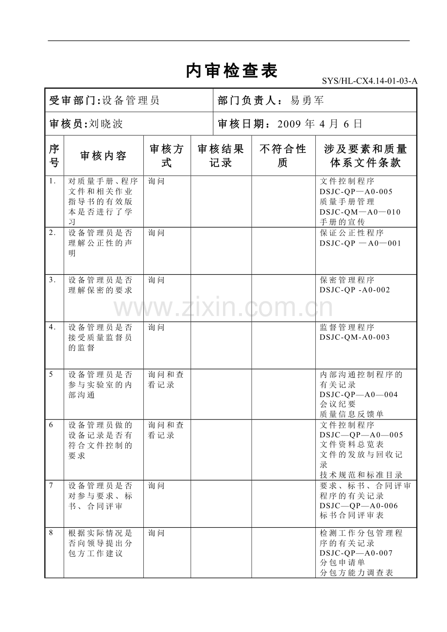 设备管理员内审检查表.doc_第1页