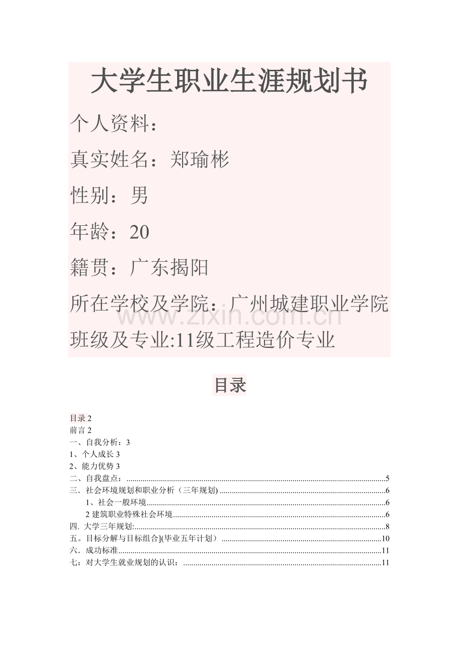 工程造价专业职业生涯规划书.doc_第1页