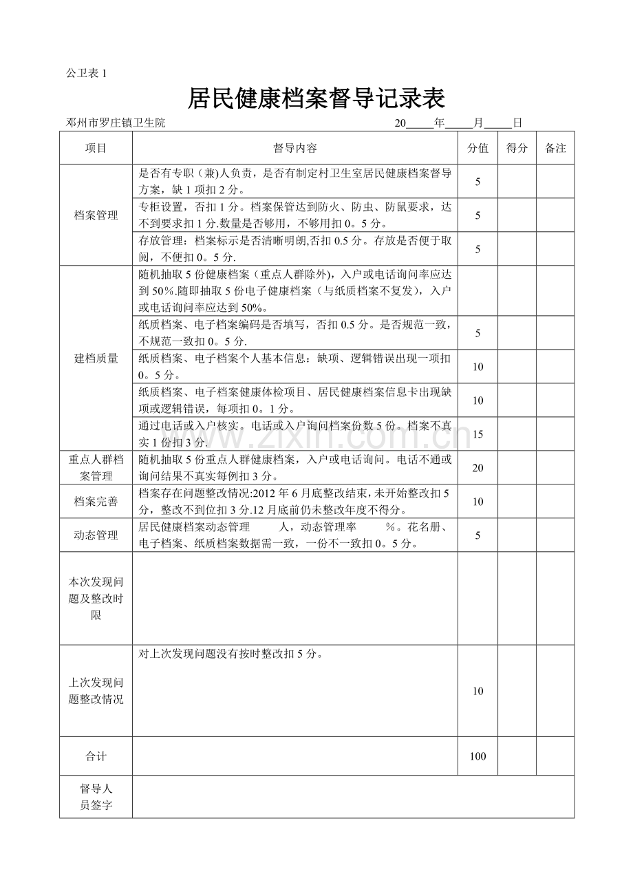 罗庄镇(村级)公共卫生考核督导记录表.doc_第1页