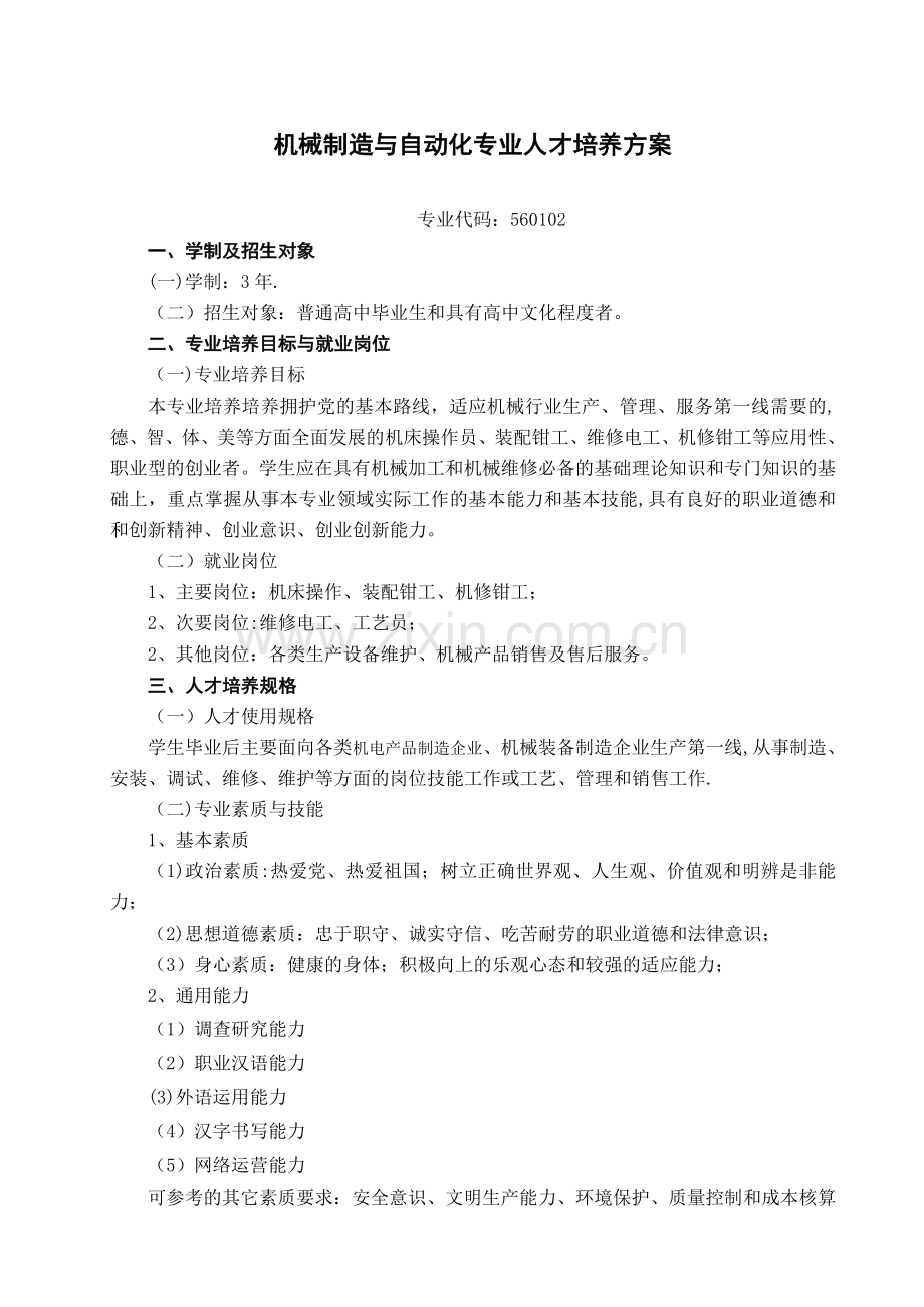 机械制造与自动化专业人才培养方案.doc_第1页