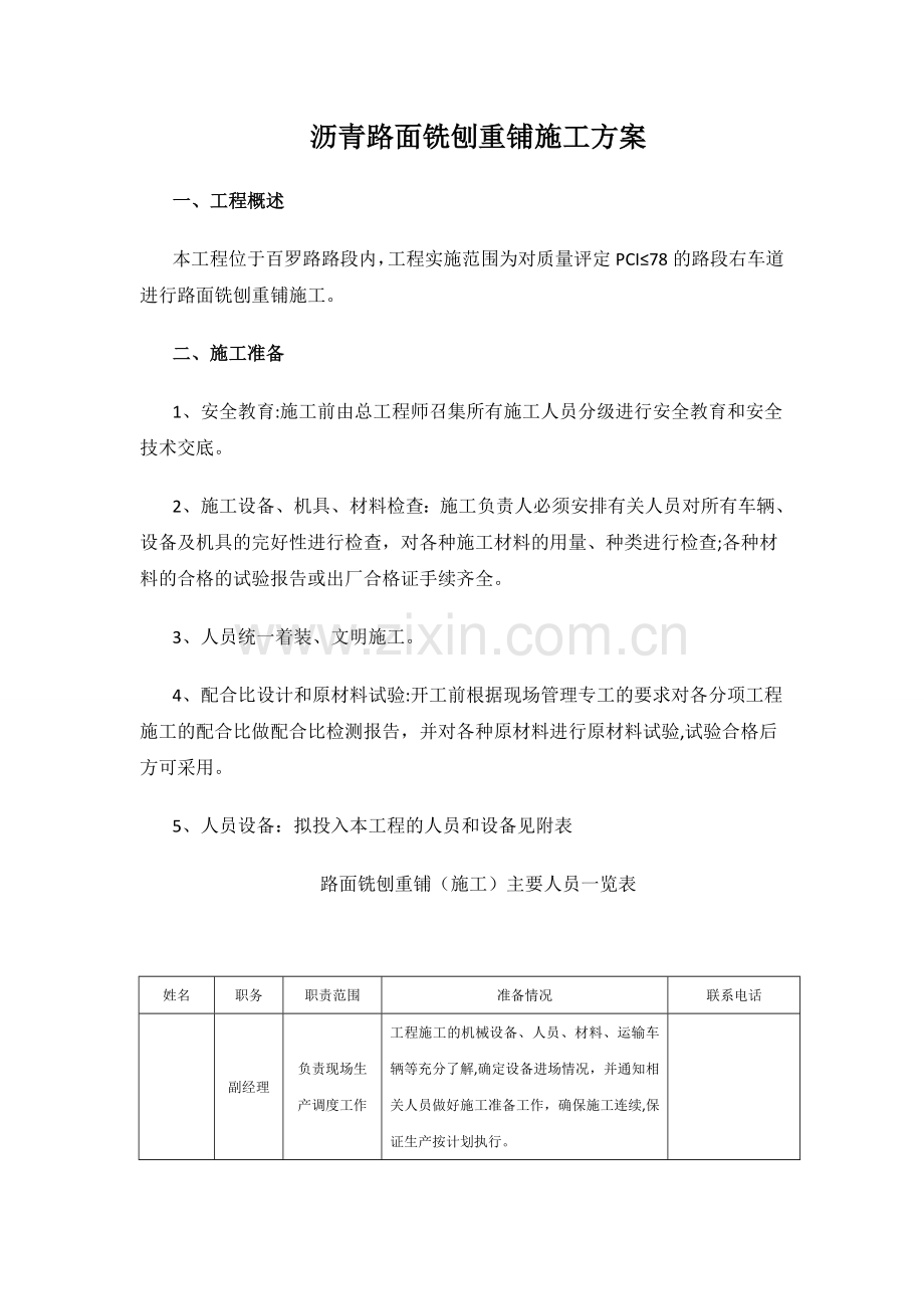 沥青路面铣刨重铺施工方案.docx_第1页