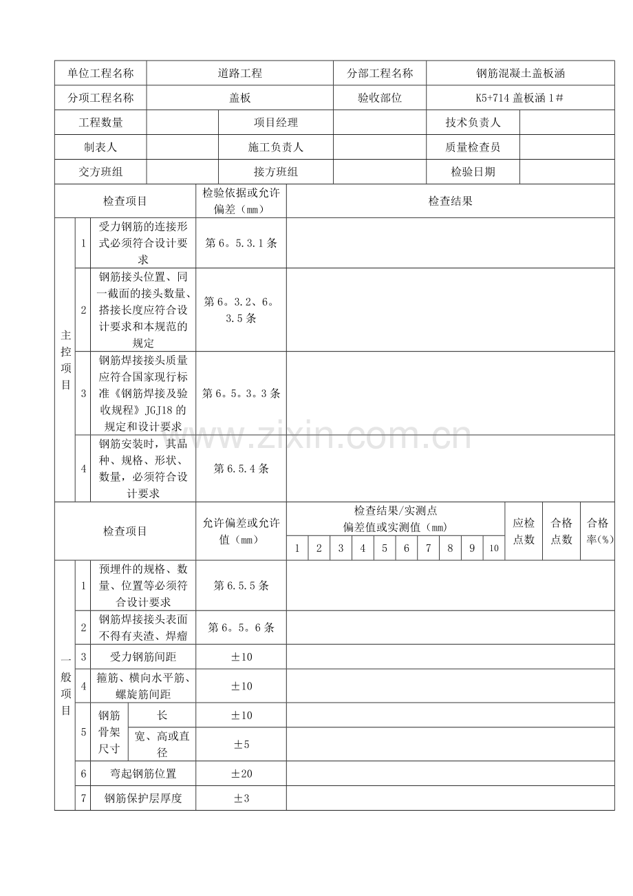 盖板涵盖板钢筋加工与安装检验批质量检验记录.doc_第3页