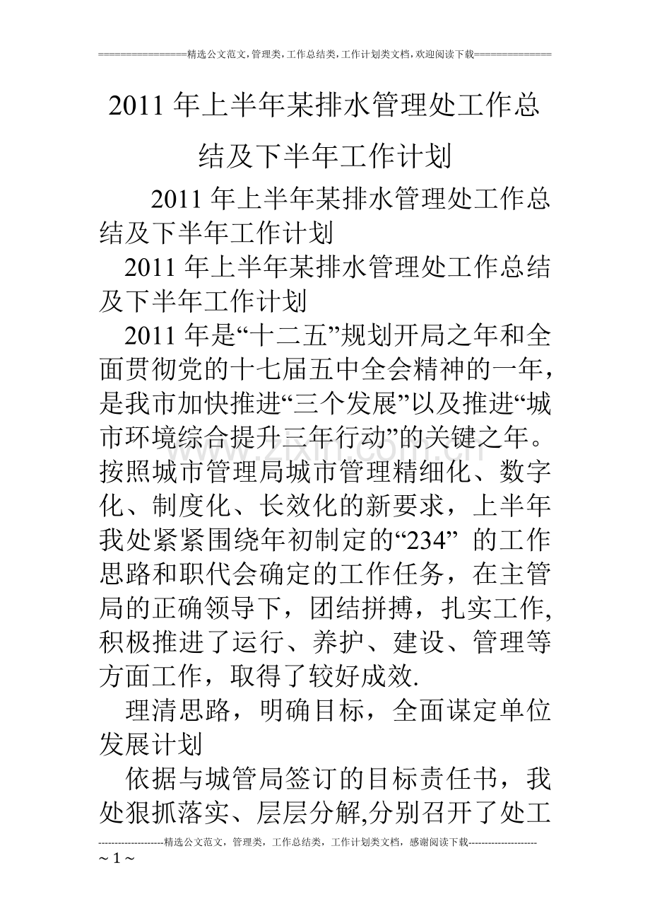 上半年某排水管理处工作总结及下半年工作计划.doc_第1页